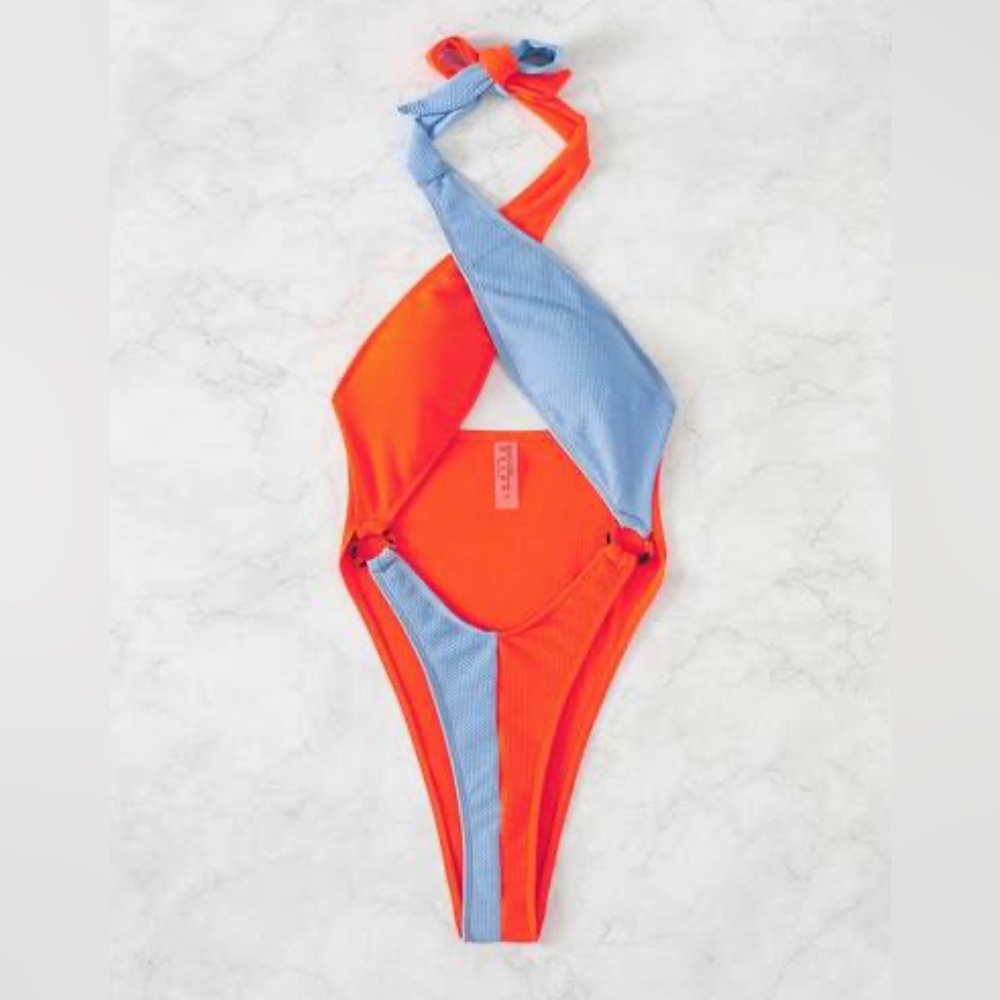 Monokini Women’s Small Bathing Swim Suit Bright Orange and Light Blue